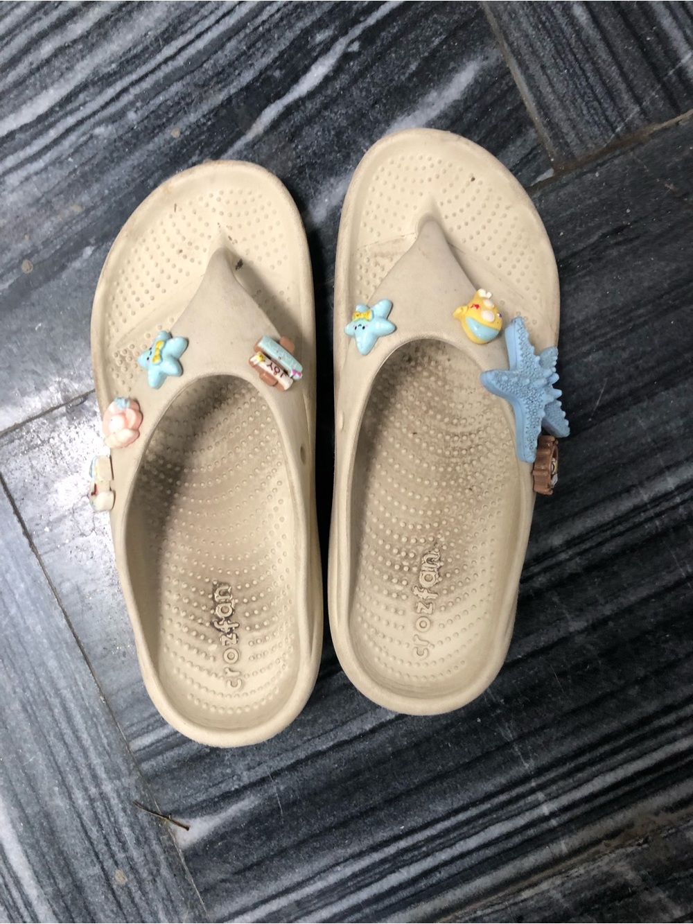 CROCS Kids Beige Flip Flop Sandals with Ocean Charm Accents